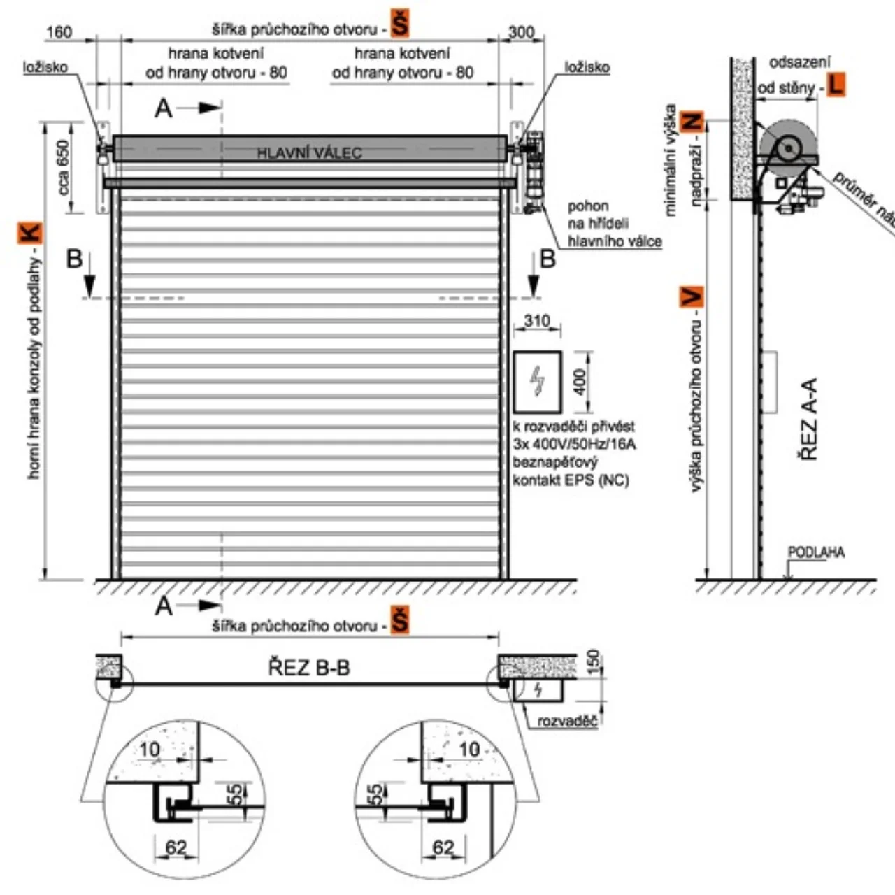 Plano de medidas de una cortina metálica enrollable
